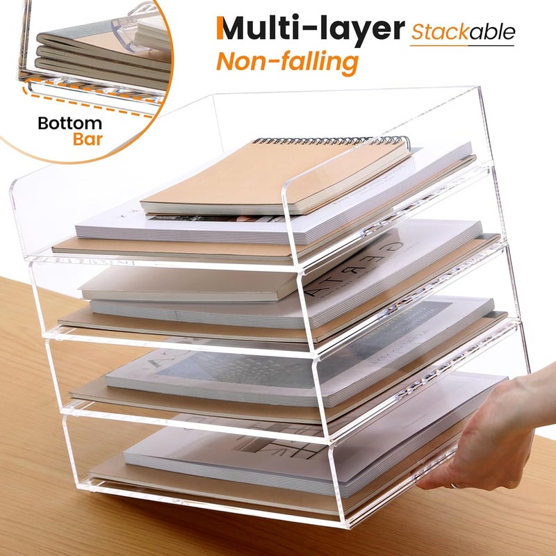 HeZone Acrylic Paper Tray, 4 Tier Paper Organizer for Desk, Clear Acrylic Desk Organizers, Stackable Letter Tray Workspace oaganzier -Art Storage for School Classroom -4 Pack… - Image 4